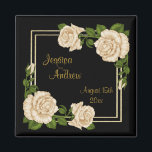 Elegant Chic Corner Ivory Roses Bouquets Wedding Magnet<br><div class="desc">Beautiful design for newly weds. Elegant, glamourous and sophisticated custom personalized wedding magnet with a pretty romantic corner bouquet display of ivory roses and greenery, with a pretty shiny gold glittery double frame all printed on a black background. These are beautifully designed magnets for weddings with cute, stylish, girly flowers...</div>