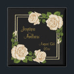 Elegant Chic Corner Ivory Roses Bouquets Wedding Magnet<br><div class="desc">Beautiful design for newly weds. Elegant, glamourous and sophisticated custom personalized wedding magnet with a pretty romantic corner bouquet display of ivory roses and greenery, with a pretty shiny gold glittery double frame all printed on a black background. These are beautifully designed magnets for weddings with cute, stylish, girly flowers...</div>