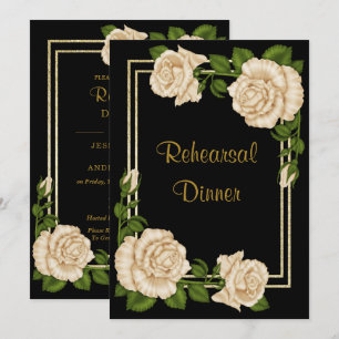 Elegant Chic Corner Ivory Roses Rehearsal Dinner Invitation