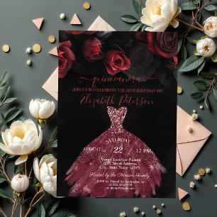 Elegant Chic Dress Red Roses Quinceañera Invitation