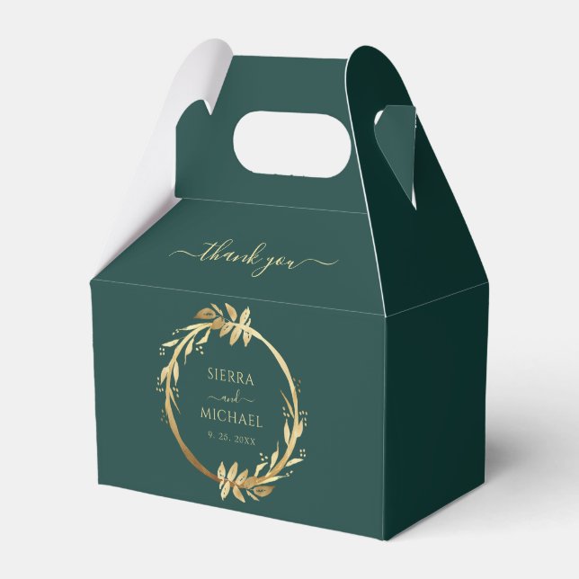 Elegant Chic Emerald Green Golden Foliage Wedding Favor Box (Front Side)