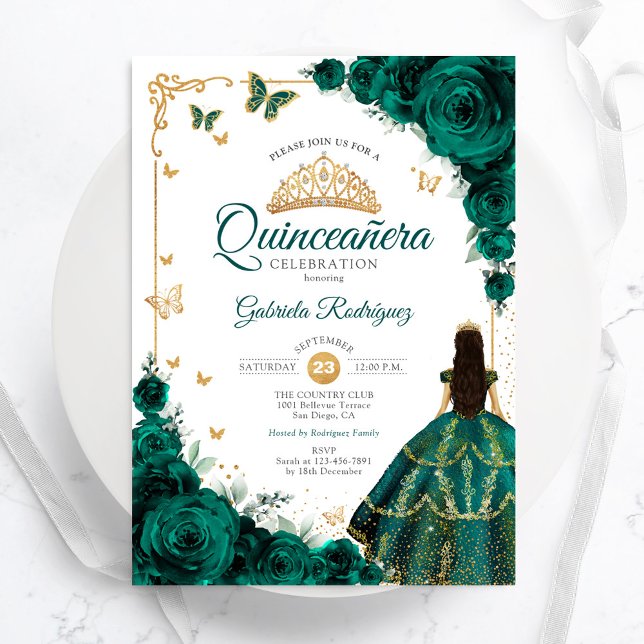 Elegant Chic Emerald Green Roses Gold Quinceanera Invitation (Creator Uploaded)