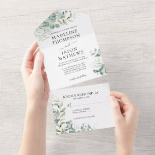 Elegant Chic Eucalyptus Wash Gold Greenery Wedding All In One Invitation