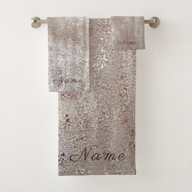 Elegant chic faux brown gold sparkly glitter bath towel set (Insitu)