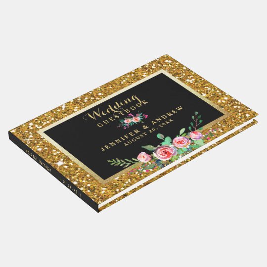 Elegant Chic Faux Gold Glitter Floral Wedding Guest Book