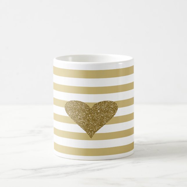 Elegant Chic  Faux Gold Glittery  Heart On Stripes Coffee Mug (Center)