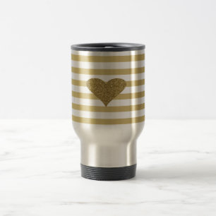 Elegant Chic Faux Gold Glittery Heart On Stripes Travel Mug