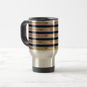 Elegant Chic Faux Gold Glittery Hearts On Stripes Travel Mug