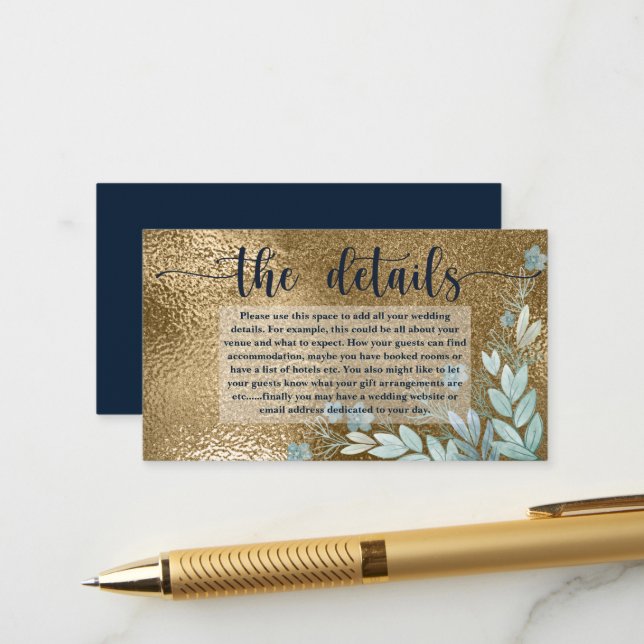 Elegant Chic Faux Gold Leaf and Navy Blue Details Enclosure Card (Front/Back In Situ)