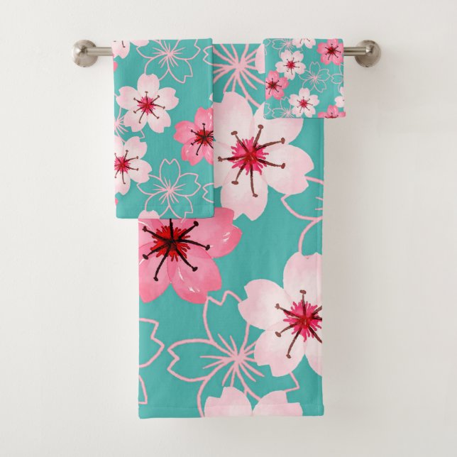 Elegant chic  floral Cherry Blossom pattern Bath Towel Set (Insitu)