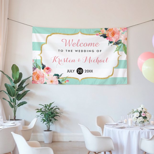 Elegant Chic Floral Mint Green Stripes Wedding Banner (Creator Uploaded)