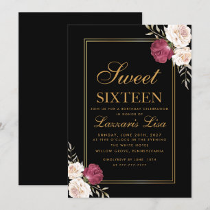 Elegant chic Floral Sweet Sixteen Black Birthday Invitation