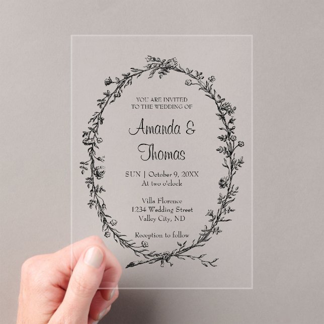 Elegant chic floral wreath wedding  acrylic invitations (Insitu (Handheld))