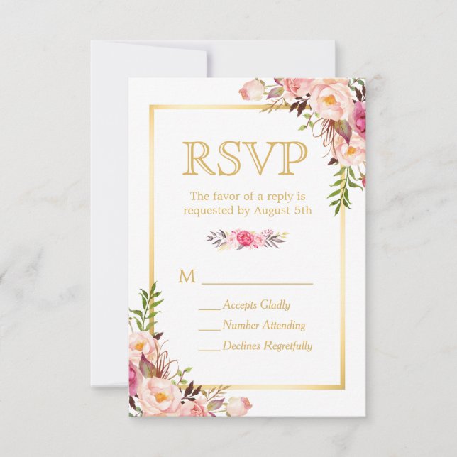 Elégant Chic Flowers Gold Frame RSVP (Devant)