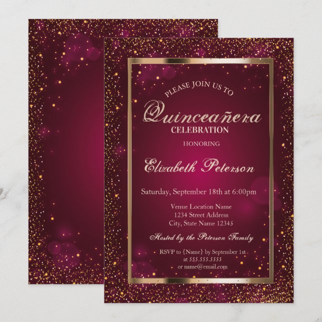 Elegant Chic Frame Confetti  Quinceañera Invitation (Front/Back)