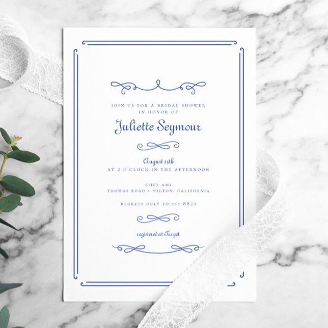 Elegant Chic French Blue Vintage Bridal Shower Invitation (Creator Uploaded)