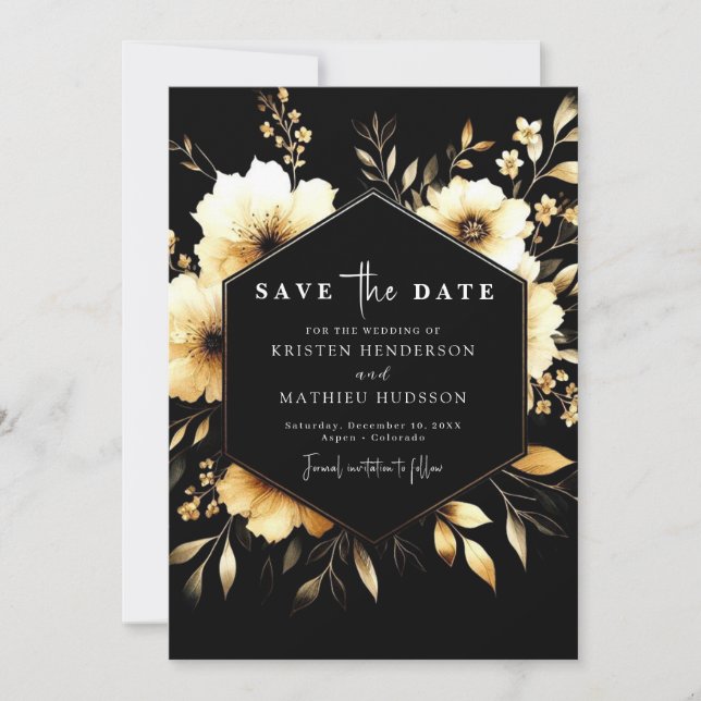 Elegant Chic Gold and Black Wedding Save The Date (Front)