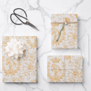 Elegant Chic Gold Beige Equestrian Floral Toile Wrapping Paper Sheet