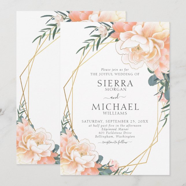 Elegant Chic Gold Blush Peach Cream Floral Wedding Invitation (Front/Back)