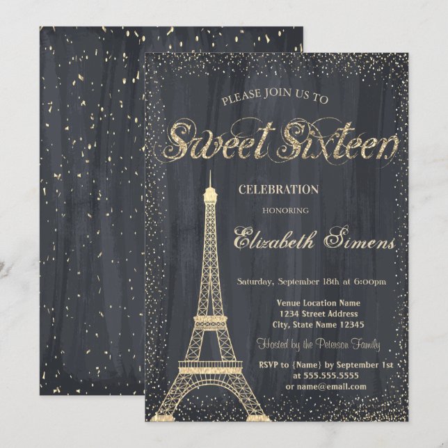 Elegant Chic Gold Eiffel Tower Confetti  Sweet 16 Invitation (Front/Back)