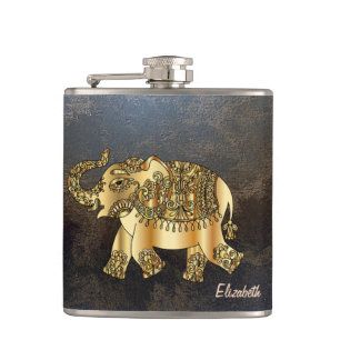 Elegant Chic Gold Elephant Floral, Leather Look Hip Flask