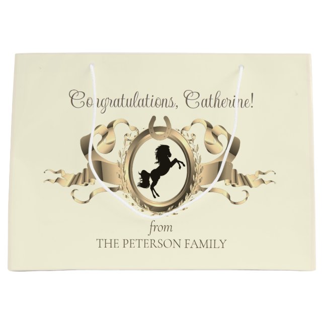 Elegant Chic Gold Equestrian Ribbon Crest Name Large Gift Bag (Front)