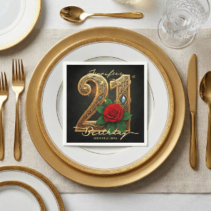Elegant Chic Gold Filigree Red Rose 21st Birthday Napkin