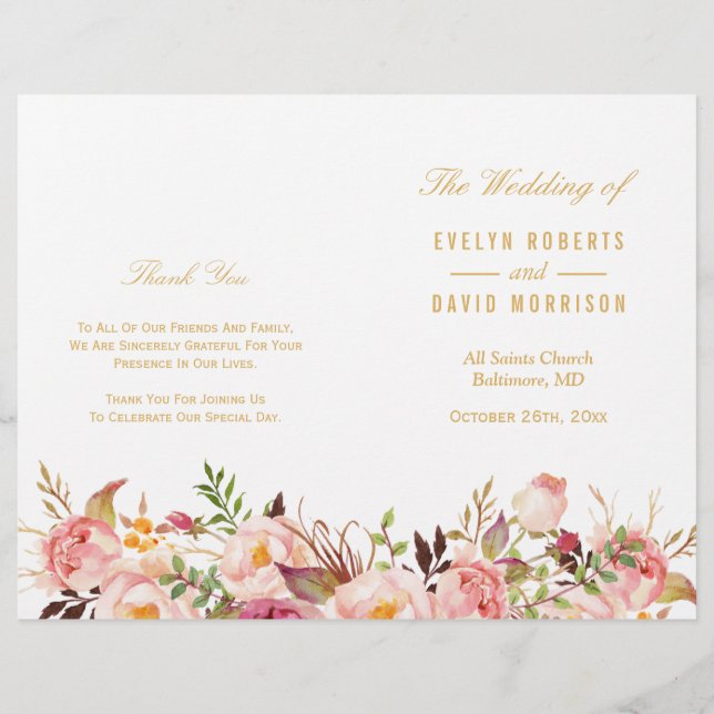 Élégant Chic Gold Floral Programme de mariage plié (Devant)