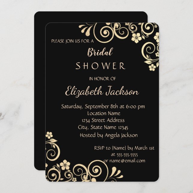 Elegant Chic Gold Flowers Bridal Shower Invitation (Front/Back)