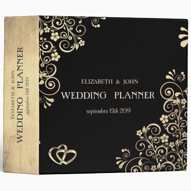 Elegant Chic Gold Flowers Hearts,Black Binder (Front/Spine)