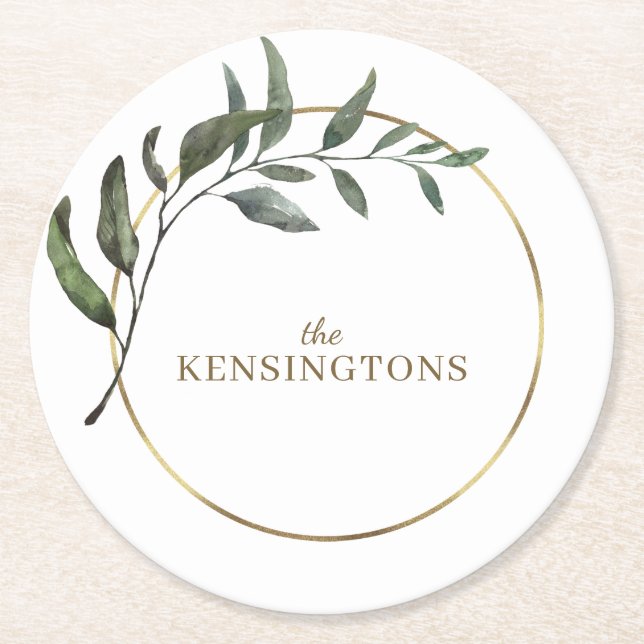 Elegant Chic Gold Foil Eucalyptus Greenery Round Paper Coaster (Front)