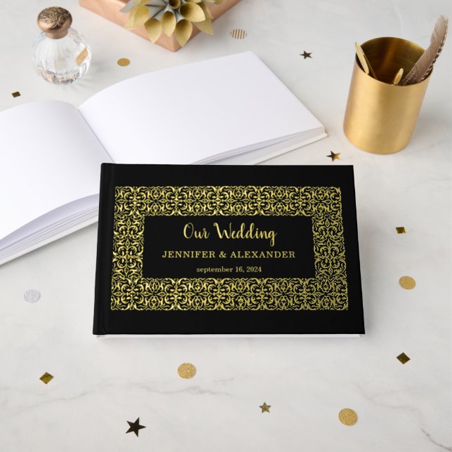 Elegant chic gold frame on black gold foil guest book (Front Open)