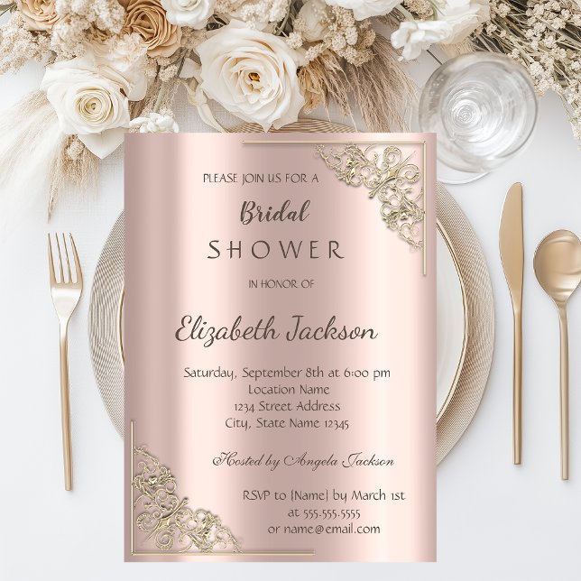 Elegant Chic Gold Frame Rose Gold Bridal Shower Invitation (Creator Uploaded)