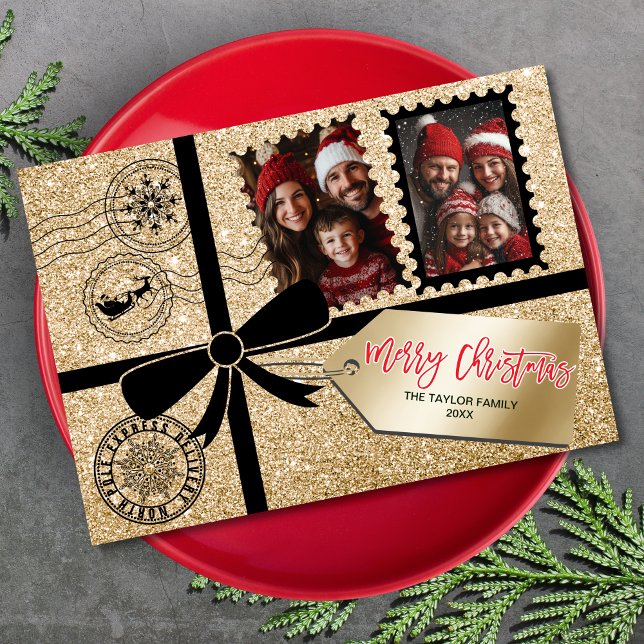 Elegant Chic Gold Gift Bow Photo Merry Christmas Holiday Card (christmas card designed like a gift box with gold glitter ribbon, bow and gift tag)