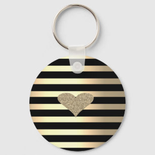 Elegant Chic Gold Glitter Heart On Gold Stripes Keychain