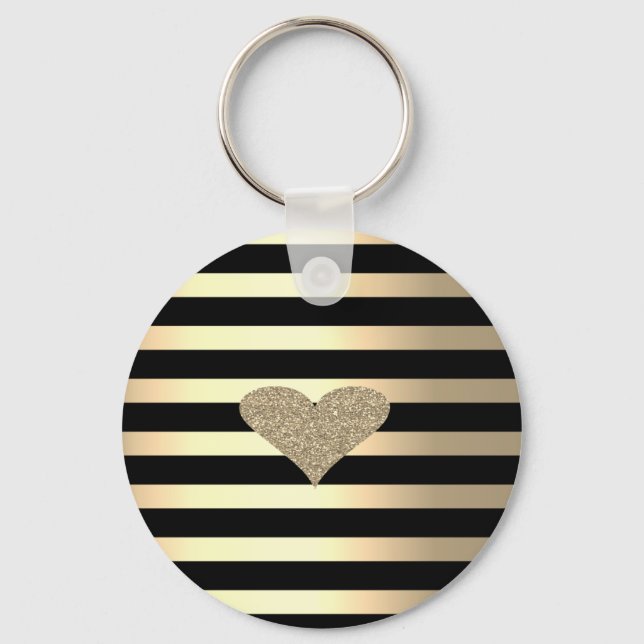 Elegant Chic Gold Glitter Heart On Gold Stripes Keychain (Front)