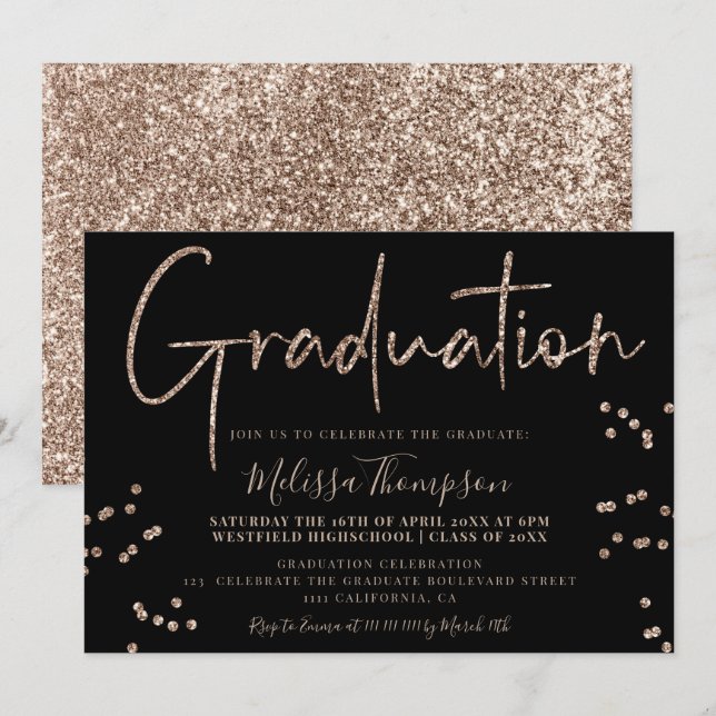 Elegant chic gold glitter script black graduation invitation (Front/Back)