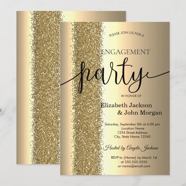 Elegant Chic Gold Glitter Script Engagement   Invitation (Front/Back)