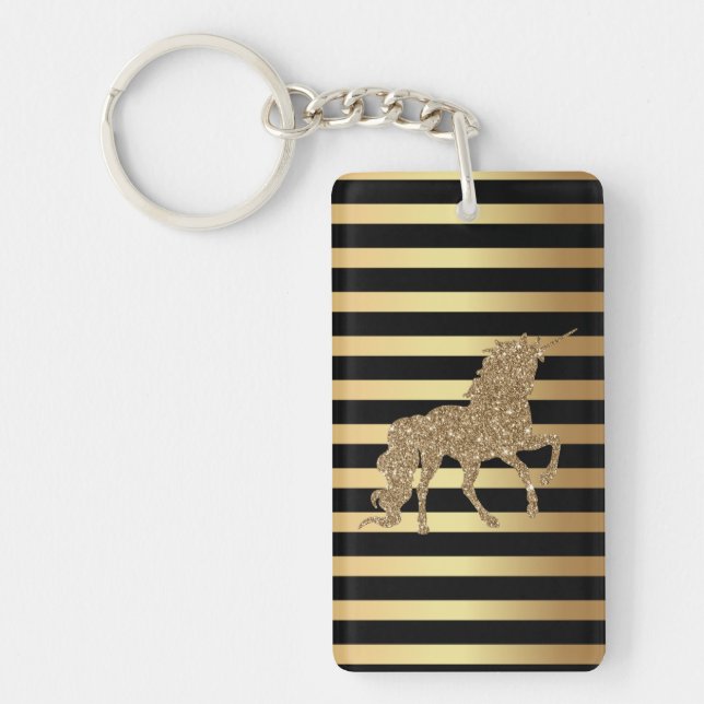 Elegant Chic Gold Glitter Unicorn,Gold Striped Keychain (Front)