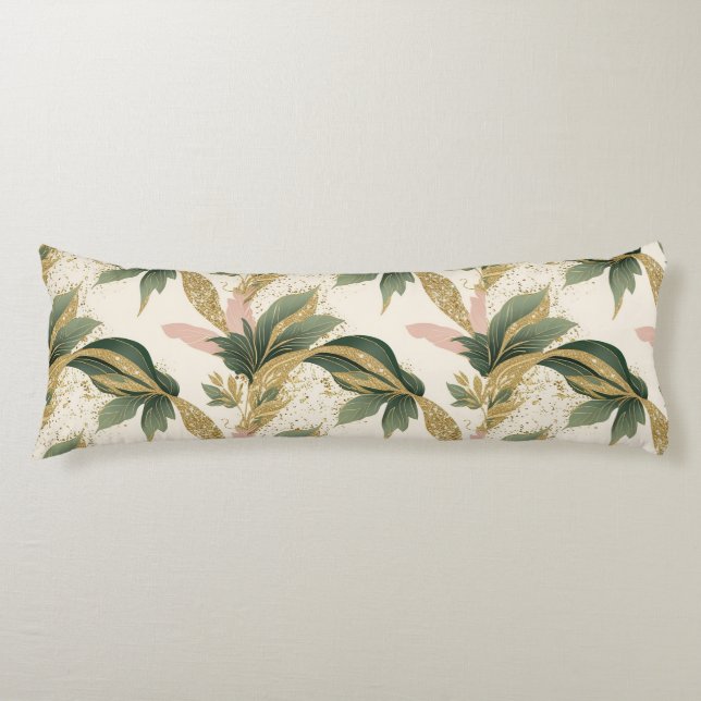 Elegant Chic Gold & Green Leaf Pattern Body Pillow (Front)