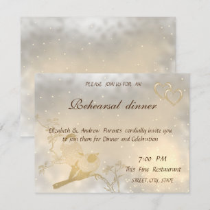 Elegant Chic Gold Hearts, Birds Rehearsal Dinner Invitation