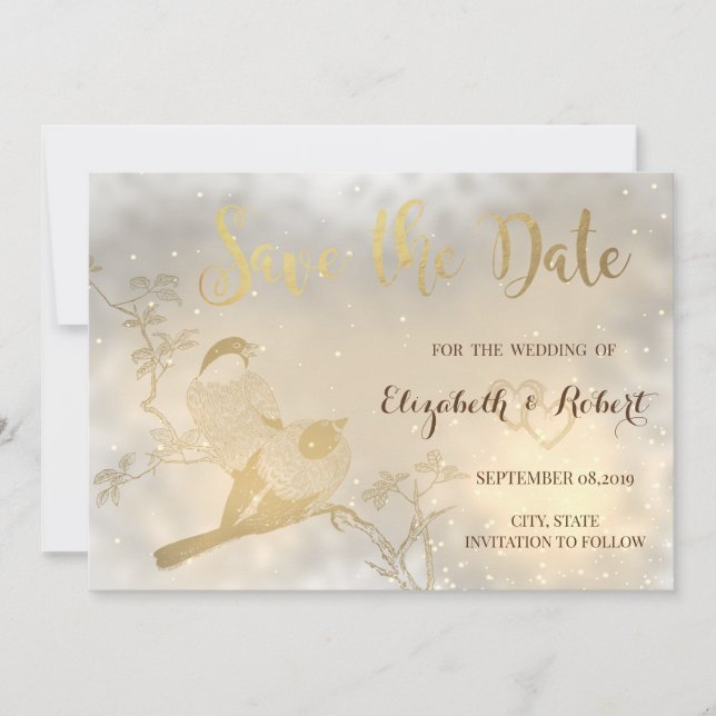 Elegant Chic Gold Hearts, Birds Save The Date (Front)