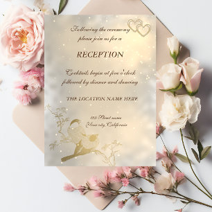 Elegant Chic Gold Hearts, Birds  Wedding Reception Invitation