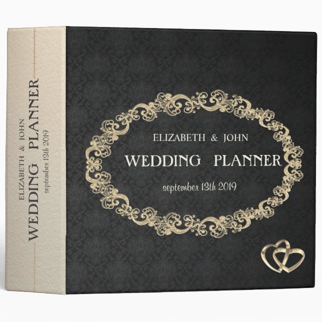 Elegant Chic Gold Hearts,Black Damask Binder (Front/Spine)