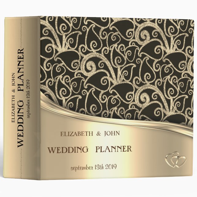 Elegant Chic Gold Hearts, Gold Glitter Swirls Binder (Front/Spine)