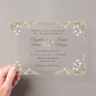 Elegant Chic Gold Hearts Lace Wedding Acrylic Invitations