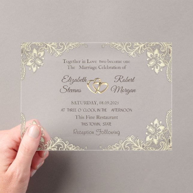 Elegant Chic Gold Hearts Lace Wedding  Acrylic Invitations (Insitu (Handheld))
