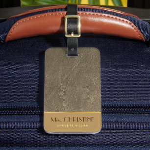 Elegant Chic gold leather brown custom name  Luggage Tag
