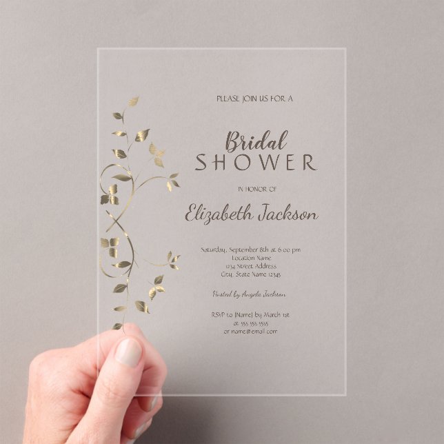 Elegant Chic Gold Leaves Bridal Shower  Acrylic Invitations (Insitu (Handheld))