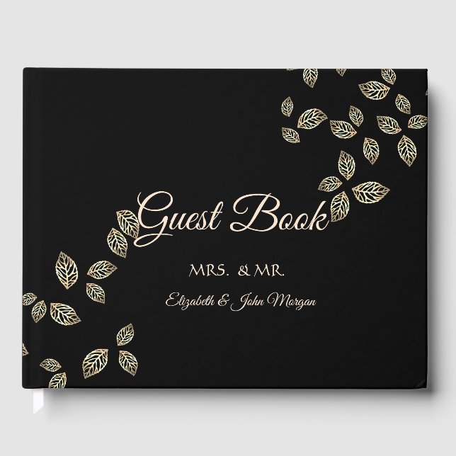 Elegant Chic Gold  Leaves Wedding Guest Book (Front)